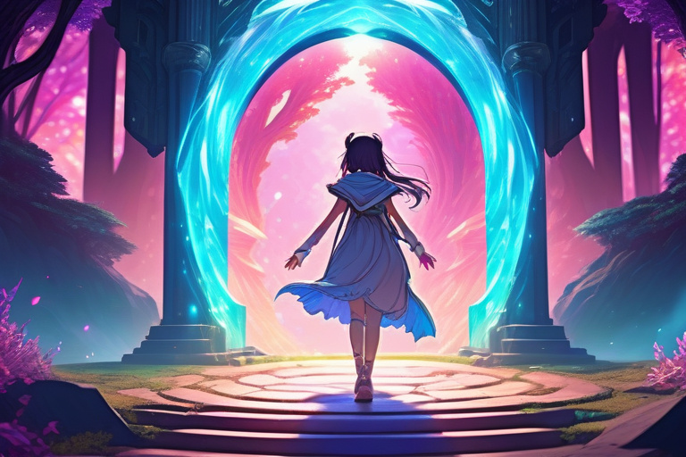 Anime character stepping through portal into fantasy world