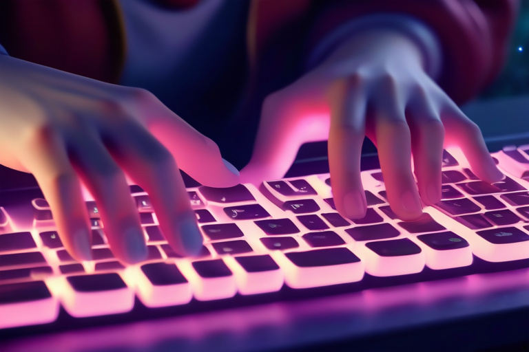 Hands typing on glowing keyboard conjuring fantasy scene